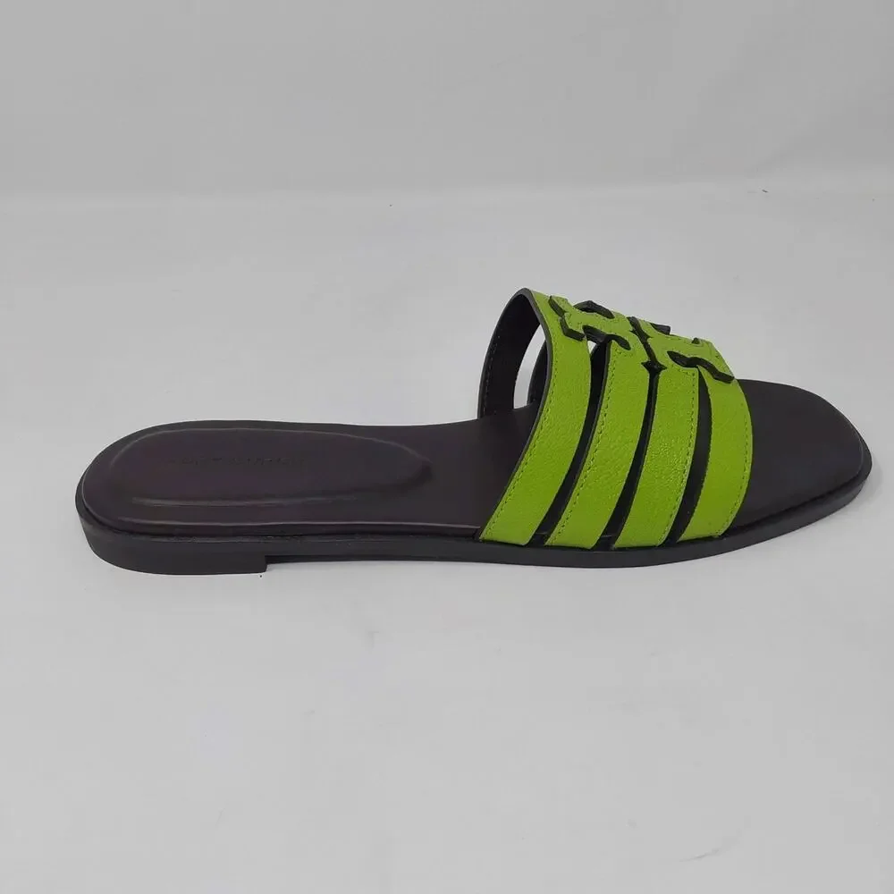 Tory Burch Ines Cage Slide Sandals Light Chartreuse Cocoa Leather US 8